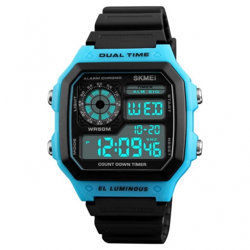 SKMEI Personality Square Dial Outdoor Sport Multi-function Dual Time-zones Waterproof Electronic Men's Watch