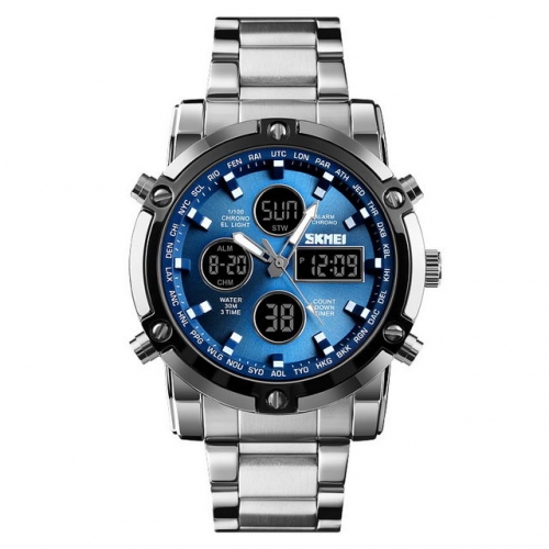 SKMEI High-grade Business Casual Big Dial Multi-function Alarm Clock Fashion Steel Band Electronic Men's Watch