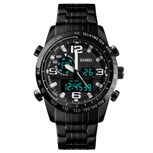 SKMEI Dual Time-zones Multi-function Steel Band Sport Alarm Clock Chronograph Waterproof Electronic Men's Watch