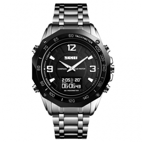 SKMEI High-grade Double Display Fashion Dial Multi-function Compass Steel Band Waterproof Electronic Men's Watch