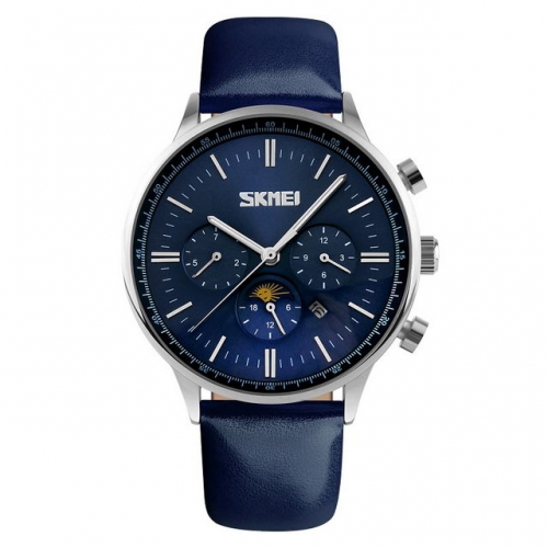 SKMEI Moon Phase Business Leather Strap Calendar Week Display Luminous Waterproof Quartz Men's Watch