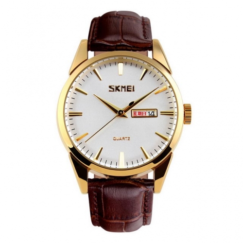 SKMEI Classical Fashion Simplicity Dial Leather Strap Calendar Week Display Waterproof Quartz Lovers Watch