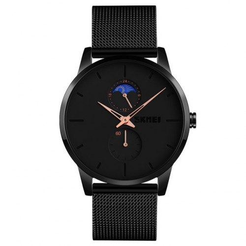 SKMEI Moon Phase Display Simplicity Dial Business Casual Mesh Band Waterproof Quartz Men's Watch