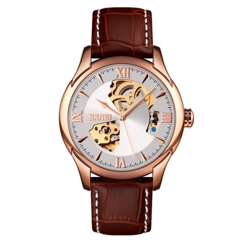 SKMEI Personality Hollow Exquisite Dial Roman Scale Leather Strap Waterproof Automatic Men's Watch