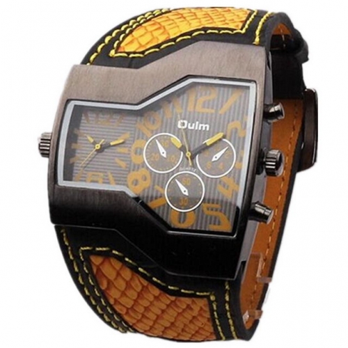 Oulm Personality Dual Time-zones Decoration Three Pins Dial High-grade Leather Strap Waterproof Electronic Men's Watch