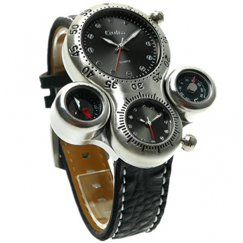 Oulm Mountaineering Dual Time-zones Multi Dial Compass Luminous Waterproof Quartz Men's Watch