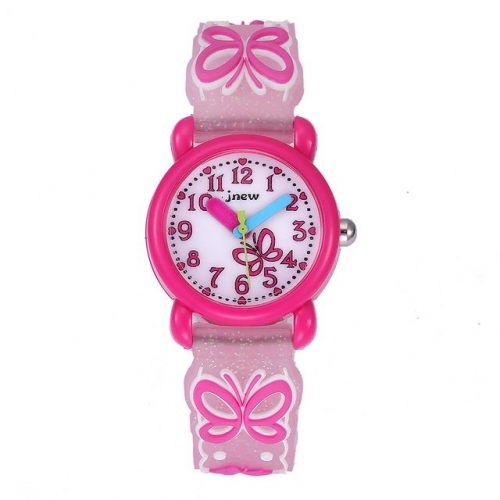 JNEW Girlish Pink Style Shinning Transparent Band Butterfly Pattern Dial Waterproof Quartz kids Watch