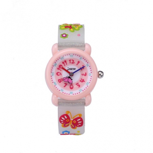 JNEW Shinning Stereo Colorful Transparent Band Butterfly Shape Second Pointer Waterproof Quartz kids Watch