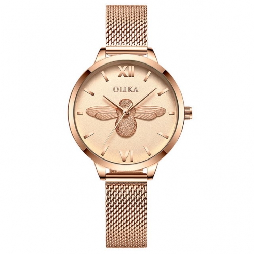 OLIKA Simplicity Stereo Bee Carving Matte Textured Dial Elegant Mesh Band Waterproof Quartz Ladies Watch