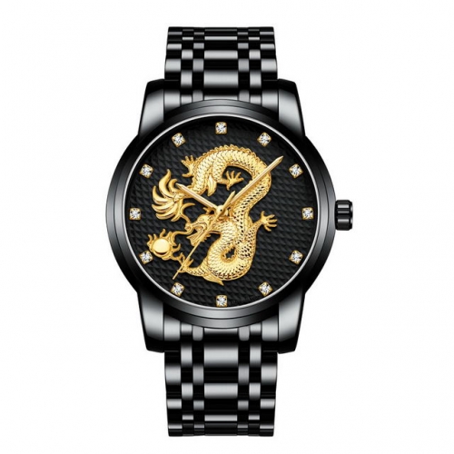 OLIKA Stereo Gold Dragon Carving Dial Luxury Diamond Scale Steel Strap Waterproof Quartz Men's Watch