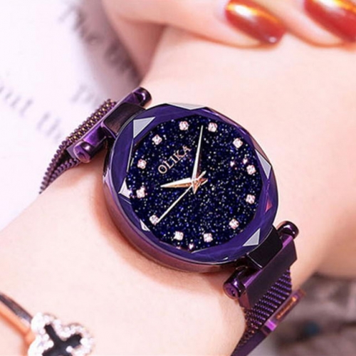 OLIKA Starry Sky Shinning Dial Diamond Scale Flower Shape Cutting Mirror Waterproof Quartz Ladies Watch