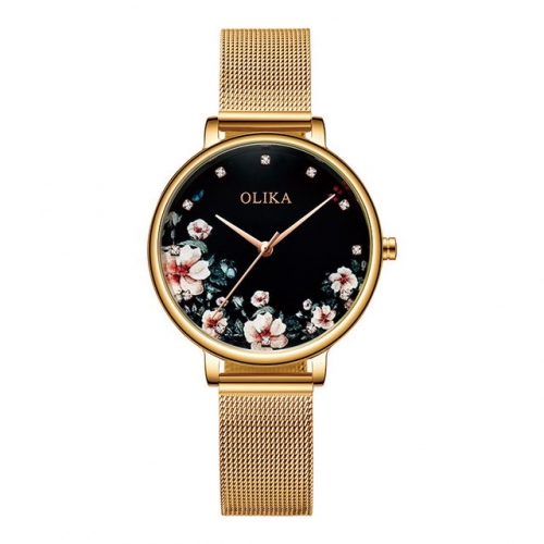 OLIKA Korean Style Camellia Pattern Diamond Scale Dial Elegant Light Luxury Mesh Strap Quartz Ladies Watch