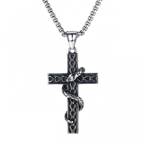 European and American religious jewelry winding snake cross titanium steel necklace, personalized retro hiphop pendant