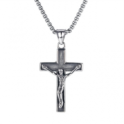 Cross-border hot selling European and American hip-hop trendy men's retro cross titanium steel necklace street hiphop jump di pendant