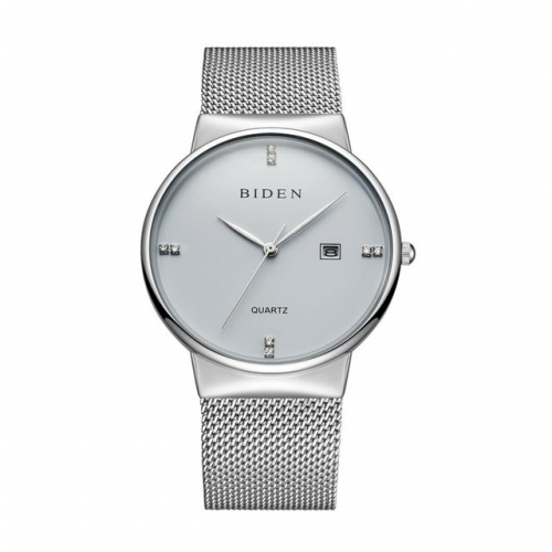 BIDEN Light Luxury Diamond Scale Simplicity Dial Calendar Business Casual Mesh Strap Waterproof Quartz Men's Watch