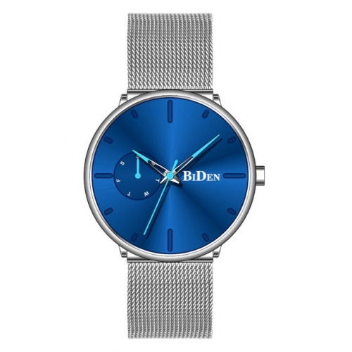 BIDEN Simplicity Style Dial Week Display Classical Korean Style Mesh Band Waterproof Quartz Men's Watch