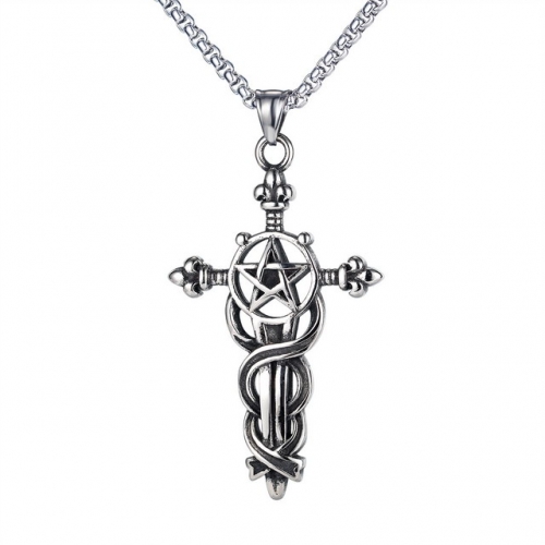 Trendy male hiphop bungee titanium steel necklace retro five-pointed star cross sword pendant