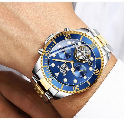 BIDEN Flying Wheel Exquisite Hollow Dial Business Steel Strap Multi-function Luminous Waterproof Automatic Men's Watch