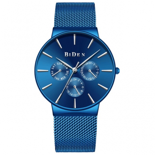 BIDEN Ultra Thin Three Small Pins Simplicity Dial Business Casual Elegant Mesh Strap Waterproof Quartz Men's Watch