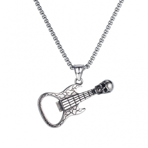 Fashion Creative Retro Punk Titanium Steel Necklace Skull Guitar Beer Bottle Opener Men's Necklace