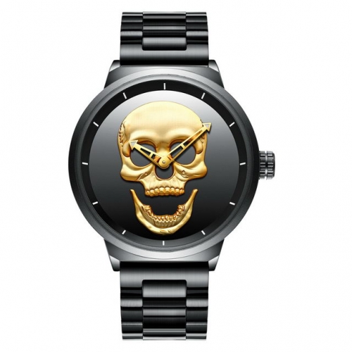 BIDEN Personality Stereo Skull Pattern Dial Hot Sale Steel Band Waterproof Quartz Men's Watch