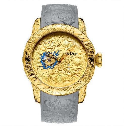 BIDEN Stereo Gold Dragon Carving Hollowed Dial Luxury Diamond Inlaid Luminous Waterproof Automatic Men's Watch