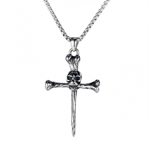 European and American hip hop retro religious cross fashion stainless steel skull men's necklace