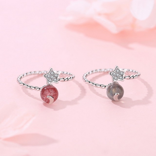 Strawberry Crystal Star Moon Single Ring Ladies Simple Twist Opening Adjustable Ring 925 Sterling Silver Ring China Jewelry Wholesale
