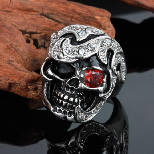 Personalized High Quality Fashion Jewelry Red Eye Zircon Inlaid Ring Skeleton Head Men's Titanium Steel Ring