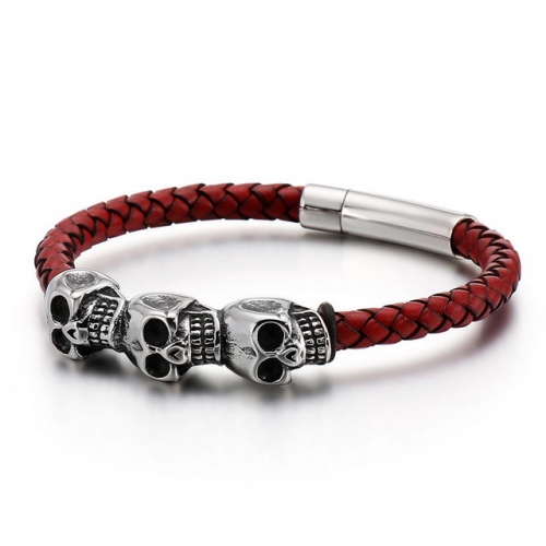 New Skeleton Jewelry Wholesale Titanium Steel Punk Rock Cow Leather Bracelet Men'S Leather Bracelet