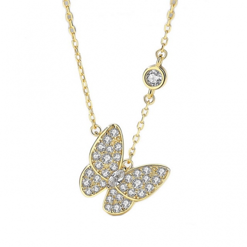 S925 Sterling Silver Butterfly Necklace 14K Gold Full Diamond Pendant Collarbone Chain