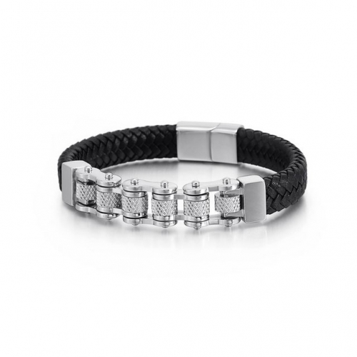 Stainless Steel Men'S Chain Cow Leather Bracelet Titanium Steel Bracelet Creative Locomotive Personality Punk Jewelry Wholesale