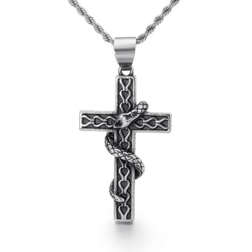 Personality Titanium Steel Creative Stereo Carving Snake And Cross Textured Men's Pendant
