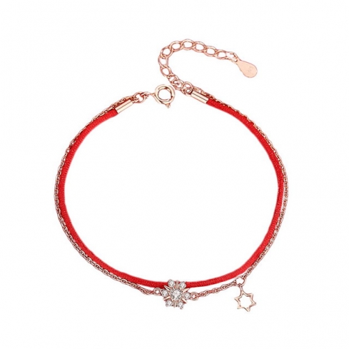 S925 Sterling Silver Rose Gold Snowflake Bracelet With Double Red Rope Bracelet