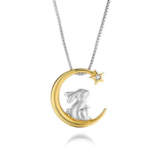 925 Sterling Silver Necklace Color Separation Moon Rabbit Necklace Mid-Autumn Creative Necklace Pendant Wholesale Jewelry Fashion