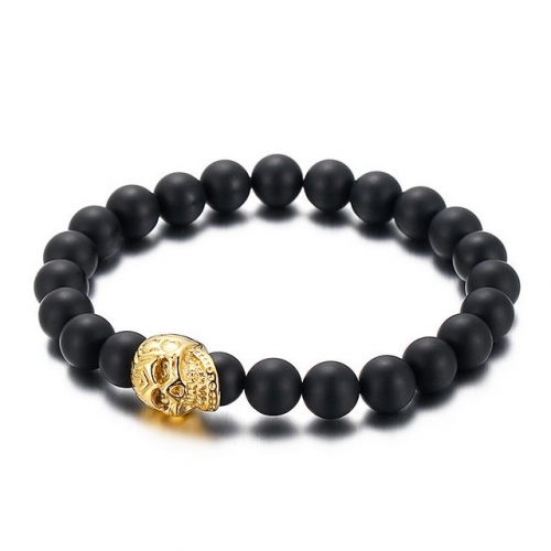 Simple Personality Tiger Eye Stone Beads Wood Beads Handmade Beaded Bracelet Men'S Stainless Steel Skull Bracelet