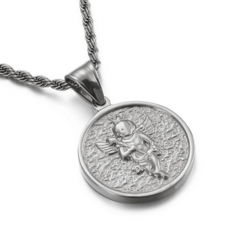 Korean Style 316L Stainless Steel Carving Angel Round Unisex Pendant Not Include Chain