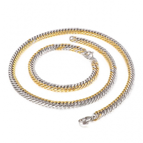 Japanese And Korean Simple Fashion Style Creative Horsewhip Chain Mixed Color Gold Stainless Steel Men's Bracelet Necklace Set