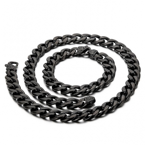 European And American Fashion Men'S Titanium Steel Creative Flat Carved Buckle Cuba Chain Bracelet Necklace Set