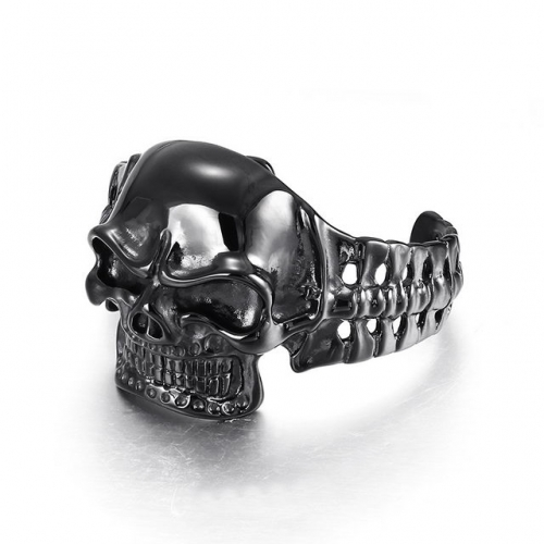 European And American Men'S Stainless Steel Jewelry Domineering Punk Style Hollow Skull Titanium Steel Electroplating Black Open Bangle