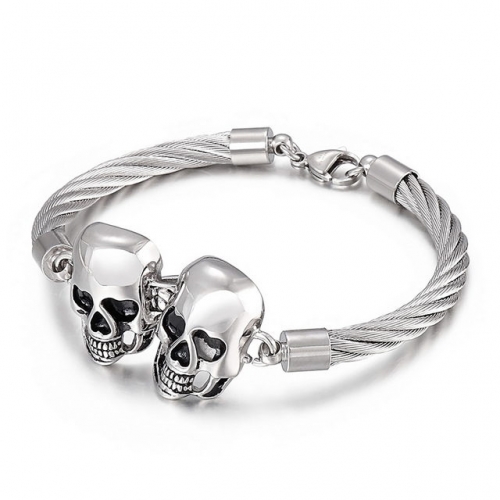 European And American Retro Domineering Fashion Personality Double Skull Head Steel Wire Men'S Titanium Steel Bracelet