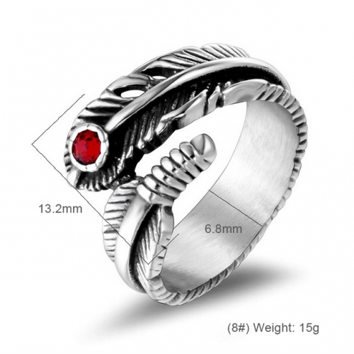 Diamond Feather Men'S Ring With Red Diamond Titanium Steel Ring Retro Hipster Ring Stainless Steel Ring Wholesale  #SJ3416