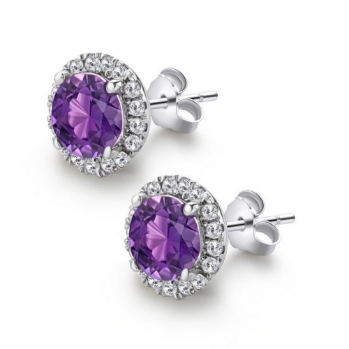 925 Sterling Silver Earrings Colored Gemstone Earrings Round Diamond Earrings Natural Amethyst Earrings Natural Stone Jewelry Suppliers