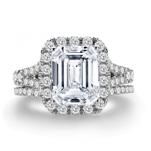 925 Silver Fashion Hot Ring 3 Carat Emerald Cut SONA Diamond Round Diamond Ladies Wedding Ring Set