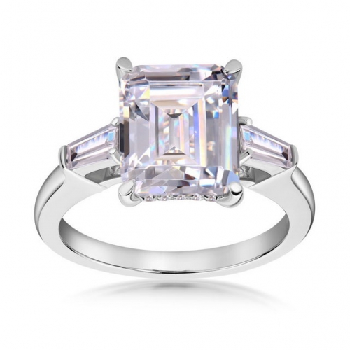 925 Silver Three Diamond Inlaid Simple Fashion Emerald Cut 4 Carat SONA Diamond Ladies Ring