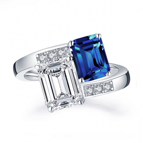 S925 Sterling Silver Square Double Colors Blue SONA Diamond Simplicity Fashion Ladies Ring