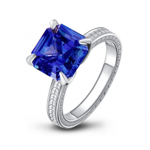 S925 Sterling Silver Square Blue SONA Diamond European And American Fashion Luxury Ladies Ring Wholesale Jewelry