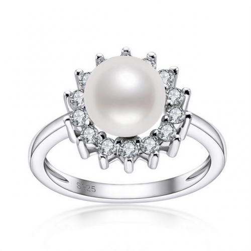 925 Sterling Silver Ring With Diamonds 8mm Ring Freshwater White Pearl Ring Silver 925 Wholesale Earrings