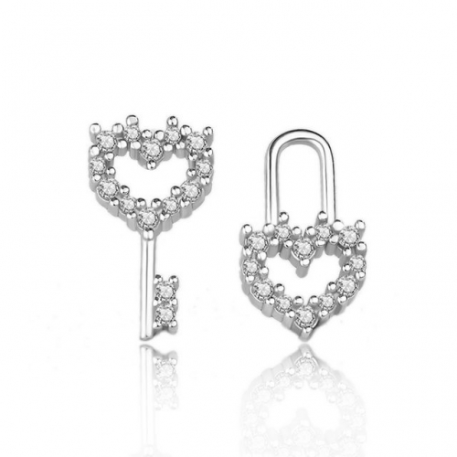 925 Sterling Silver Stud Earrings Full Diamond Love Key Lock Stud Earrings Simple Asymmetrical Earrings