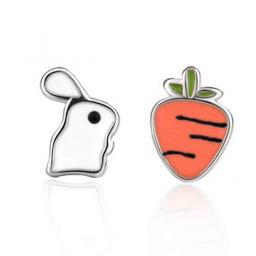 925 Sterling Silver Earrings Rabbit Carrot Asymmetrical Earrings Female Student Creative Earrings